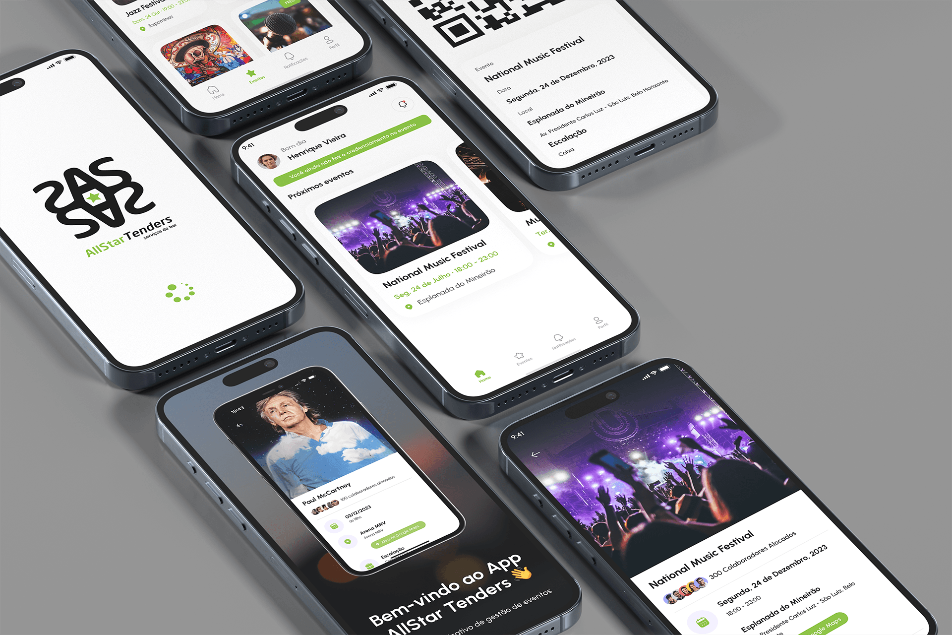 Aplicativo Allstar Tenders em mockups de smartphones