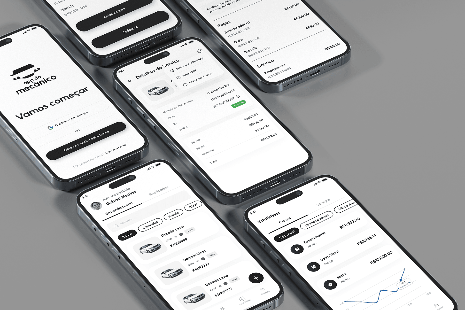 Aplicativo App do Mecânico em mockups de smartphones