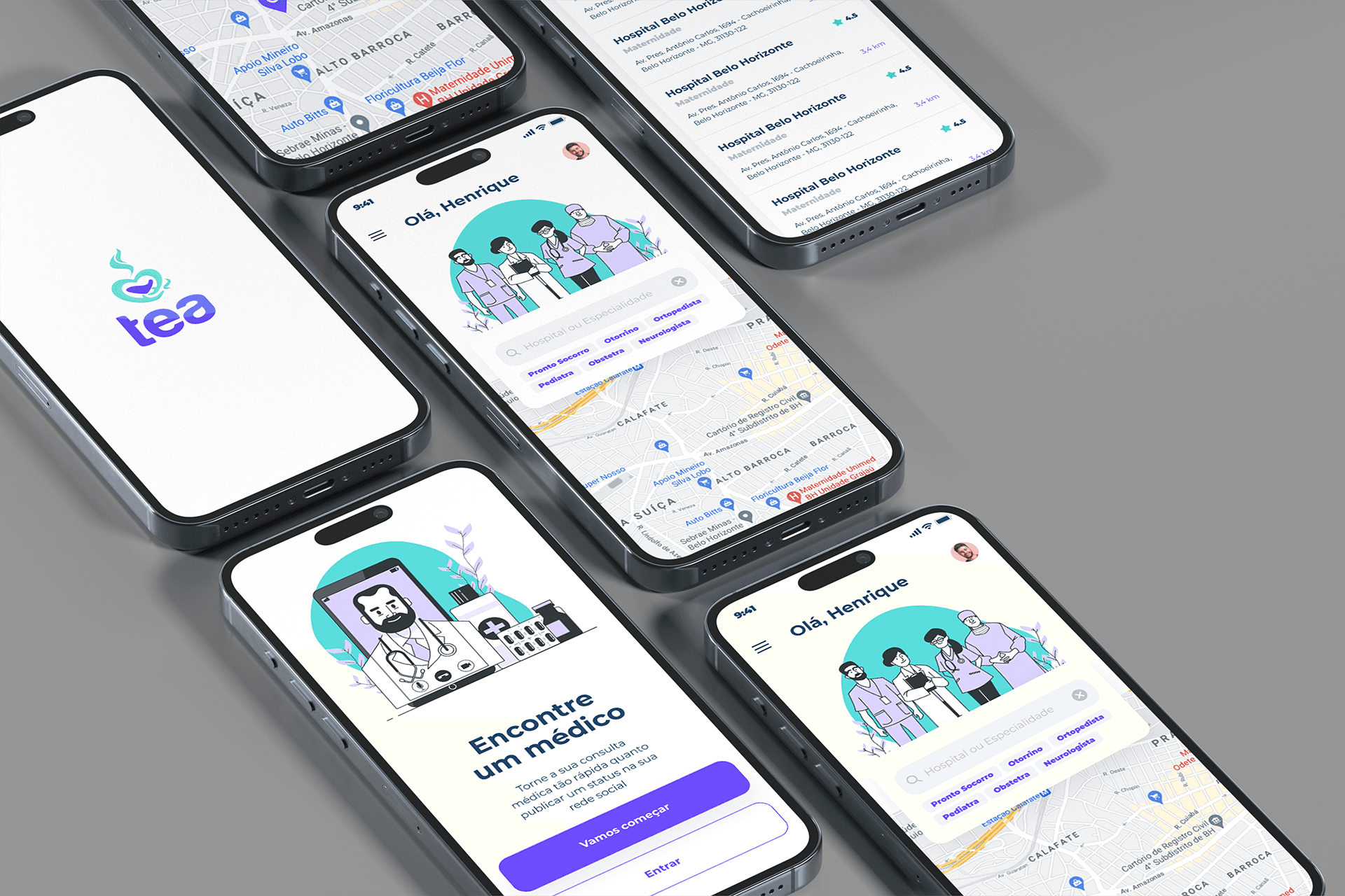 Aplicativo Tea em mockups de smartphones